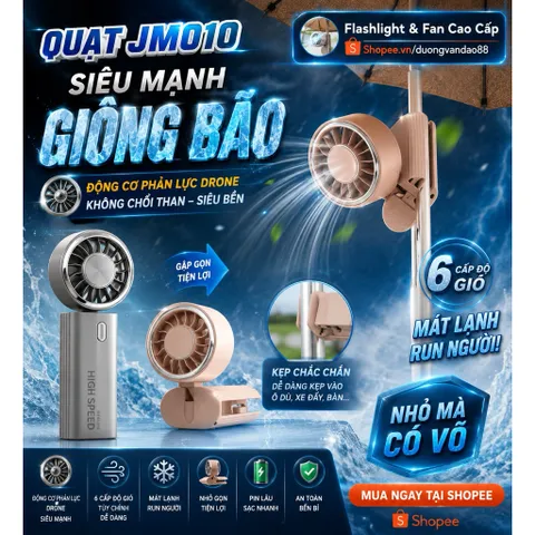 Quạt cầm tay JM010 siêu mạnh khủng khiếp , động cơ phản lực drone , không chổi than , gập và đeo cổ tiện lợi , pin 1800