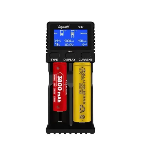 Sạc đôi Vapcell SU2 cao cấp , sạc nhanh 5A , dùng cho pin 21700, 26650 , 18650 , có thể sạc ngược cho điện thoại.