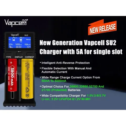 Sạc đôi Vapcell SU2 cao cấp , sạc nhanh 5A , dùng cho pin 21700, 26650 , 18650 , có thể sạc ngược cho điện thoại.