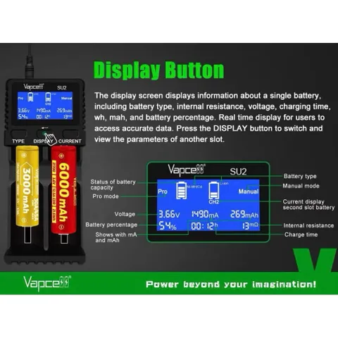 Sạc đôi Vapcell SU2 cao cấp , sạc nhanh 5A , dùng cho pin 21700, 26650 , 18650 , có thể sạc ngược cho điện thoại.