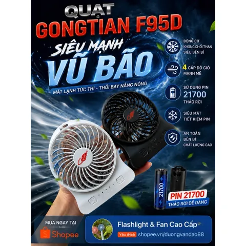 Quạt để bàn Gongtian F95D mini siêu siêu mạnh, động cơ không chổi than ,  pin 21700 dung lượng 5000mah có thể tháo rời .