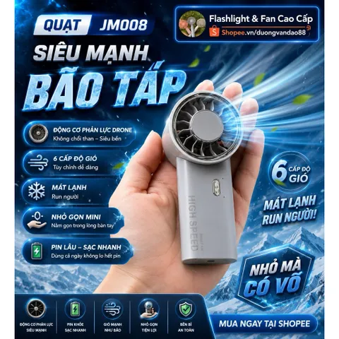 Quạt JM008 mini siêu mạnh khủng khiếp , 6 cấp độ gió , động cơ không chổi than  pin 1800mah , nhỏ gọn bỏ túi siêu bền