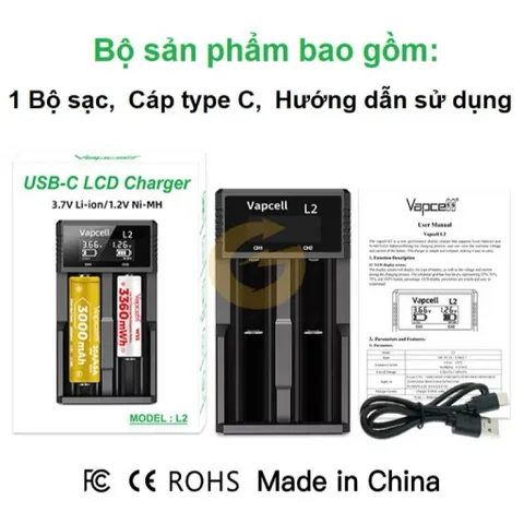 Sạc đôi Vapcell L2 cao cấp , sạc 2A , giành cho các loại pin 21700, 26650 , 18650 , 18350….. và pin 1,2v