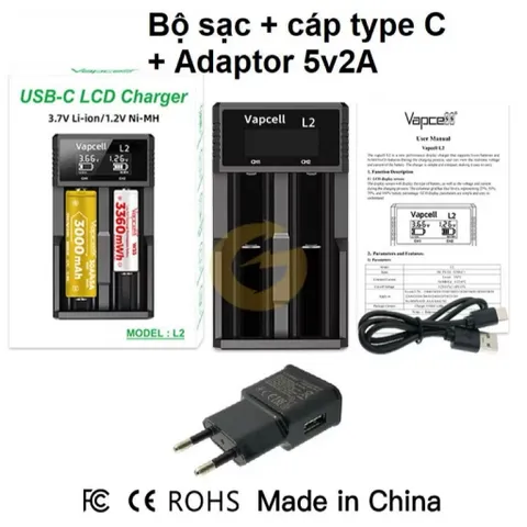 Sạc đôi Vapcell L2 cao cấp , sạc 2A , giành cho các loại pin 21700, 26650 , 18650 , 18350….. và pin 1,2v