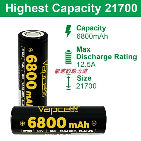 Pin Vapcell G68 21700 , dung lượng siêu khủng 6800mah , cho thời gian sử dụng siêu lâu , sử dụng cho thiết bị điện tử .
