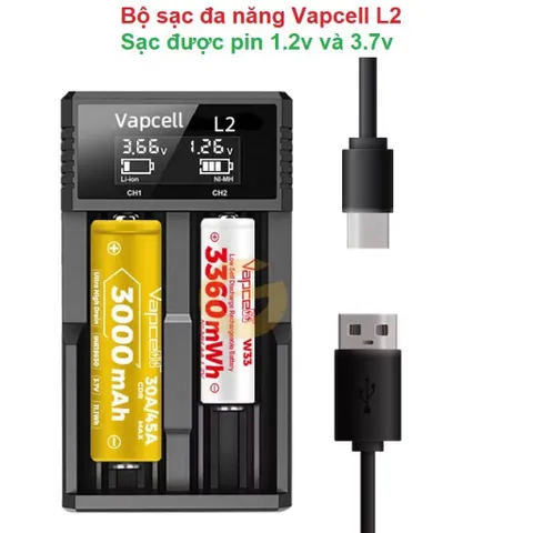 Sạc đôi Vapcell L2 và Q2S cao cấp , sạc 2A , dùng cho các loại pin 21700 , 26650 , 18650 , 18350 và pin 1,2v