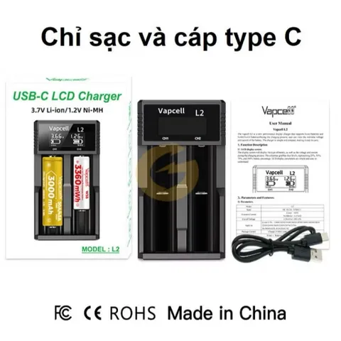 Sạc đôi Vapcell L2 và Q2S cao cấp , sạc 2A , dùng cho các loại pin 21700 , 26650 , 18650 , 18350 và pin 1,2v