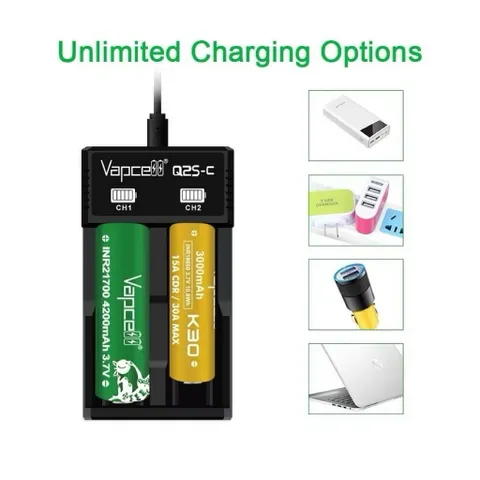 Sạc đôi Vapcell L2 và Q2S cao cấp , sạc 2A , dùng cho các loại pin 21700 , 26650 , 18650 , 18350 và pin 1,2v