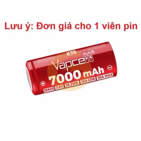 Pin 26650 Vapcell K70 , dung lượng 7000mah siêu khủng , dùng cho đèn pin , và các thiết bị sử dụng pin 26650