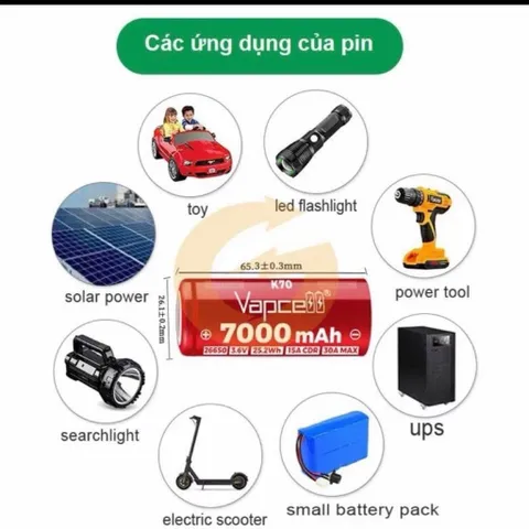 Pin 26650 Vapcell K70 , dung lượng 7000mah siêu khủng , dùng cho đèn pin , và các thiết bị sử dụng pin 26650