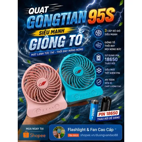 Quạt Gongtian F95s , công suất 4,5w , sử dụng pin 18650 tháo rời tiện lợi ,động cơ không chổi than êm ái bền bỉ siêu mat