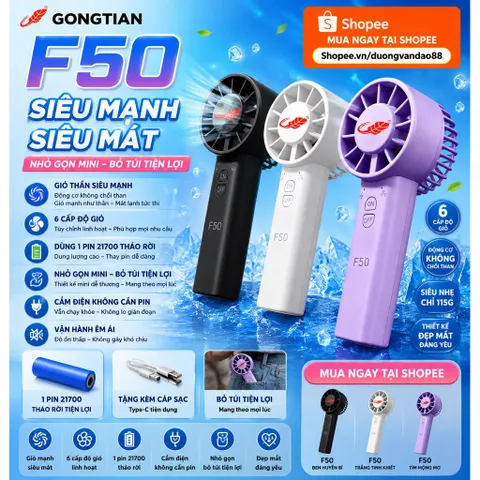 Quạt cầm tay Gongtian f50 mini siêu siêu mạnh , dùng pin 21700 tháo rời , dung lượng 5000mah . động cơ ko chổi than bền