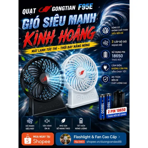 Quạt Gongtian F95E , công suất 4,5W , siêu mát , dùng pin 18650 tháo rời , động cơ không chổi than , đế chống trượt .