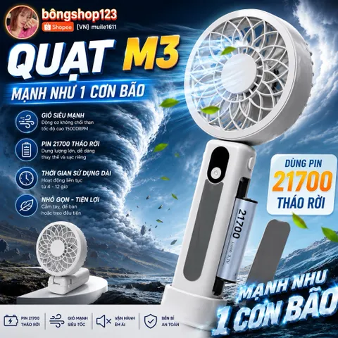 Quạt M3 siêu mạnh bá đạo , động cơ phản lực không chổi than , sử dụng pin 21700 tháo rời được , 7 cấp độ gió siêu mát.