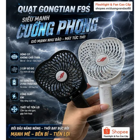 Quạt Gongtian F9S , siêu mạnh giông bão , động cơ không chổi than , sử dụng pin 21700 tháo rời đi kèm , quạt gập 180 độ