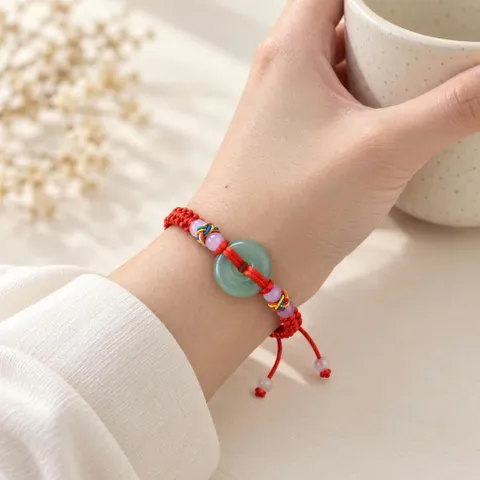 Vòng Chỉ Đỏ Mặt Đồng Điếu Xanh, Vòng Tay Dây Rút Phối Hạt Và Nút Ngũ Sắc