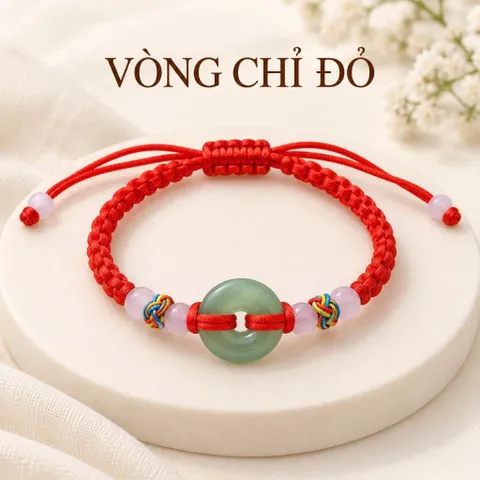 Vòng Tay Chỉ Đỏ Mặt Đồng Điếu Xanh Phối Hạt, Dây Rút Điều Chỉnh, Quà Tặng Bạn Bè