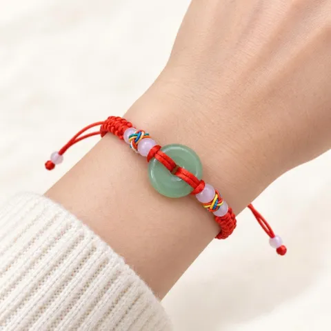 Vòng Tay Chỉ Đỏ Mặt Đồng Điếu Xanh Phối Hạt, Dây Rút Điều Chỉnh, Quà Tặng Bạn Bè