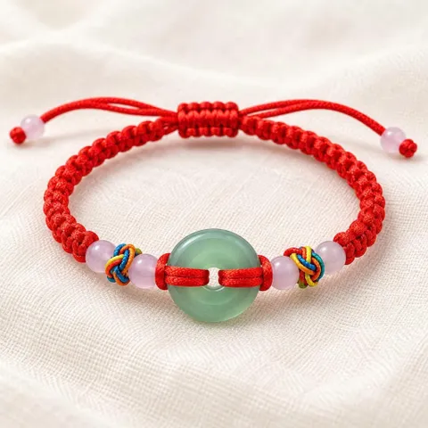 Vòng Tay Chỉ Đỏ Mặt Đồng Điếu Xanh Phối Hạt, Dây Rút Điều Chỉnh, Quà Tặng Bạn Bè