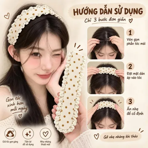 Băng đô dán tóc chấm bi viền ren màu kem dễ sử dụng giữ tóc gọn gàng
