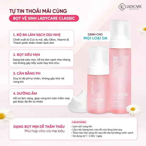Ladycare Classic – Bọt vệ sinh dịu nhẹ giúp làm sạch, dưỡng ẩm và cân bằng pH tự nhiên, chai 90ml