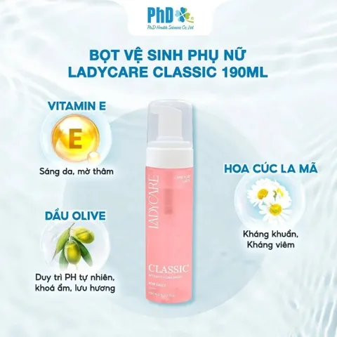 Ladycare Classic – Bọt vệ sinh dịu nhẹ giúp làm sạch, dưỡng ẩm và cân bằng pH tự nhiên, chai 190ml