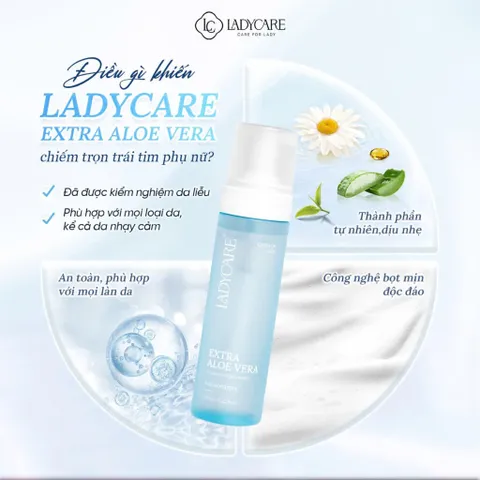 Ladycare Extra Aloe Vera – Bọt vệ sinh dịu nhẹ cho vùng kín nữ, chăm sóc da nhạy cảm, cân bằng pH, chai 190ml