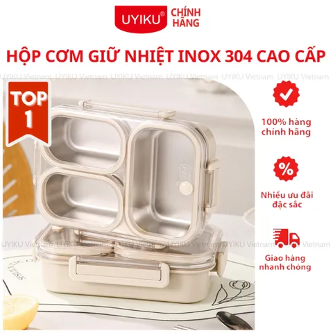 Hộp cơm giữ nhiệt inox 304 Uyiku cao cấp chia ngăn chống tràn, dùng được lò vi sóng