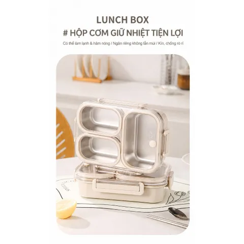 Hộp cơm giữ nhiệt inox 304 Uyiku cao cấp chia ngăn chống tràn, dùng được lò vi sóng