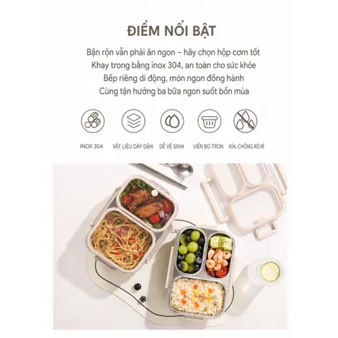 Hộp cơm giữ nhiệt inox 304 Uyiku cao cấp chia ngăn chống tràn, dùng được lò vi sóng