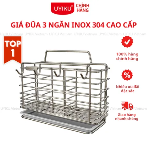 Ống đựng đũa Uyiku inox 304 cao cấp 3 ngăn có khay hứng nước