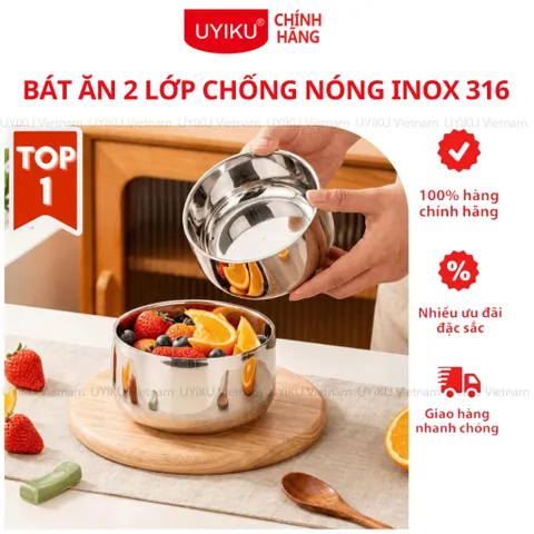 Bát ăn cho bé inox 316 cao cấp Uyiku 3 lớp chống nóng, chống rơi vỡ