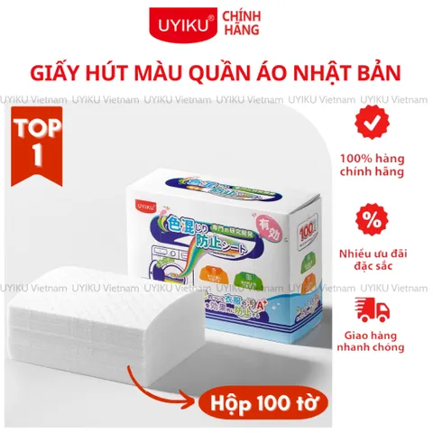 [HỘP 100 TỜ] Giấy hút màu quần áo Uyiku Nhật Bản chống loang màu khi giặt