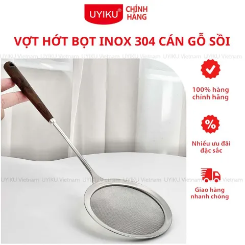 Vợt hớt bọt, cặn dầu Uyiku inox 304 cán gỗ sồi cao cấp