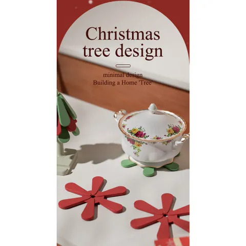 Miếng lót cách nhiệt silicon cao cấp Uyiku, miếng lót cốc, lót nồi decor hình cây thông noel