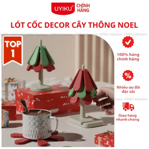 Miếng lót cách nhiệt silicon cao cấp Uyiku, miếng lót cốc, lót nồi decor hình cây thông noel