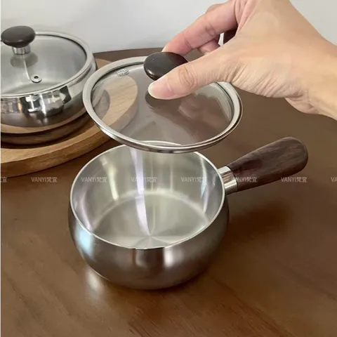 Quánh inox 316L cao cấp size 12-14 cm nguyên khối cán gỗ dùng nấu đồ cho bé ăn dặm