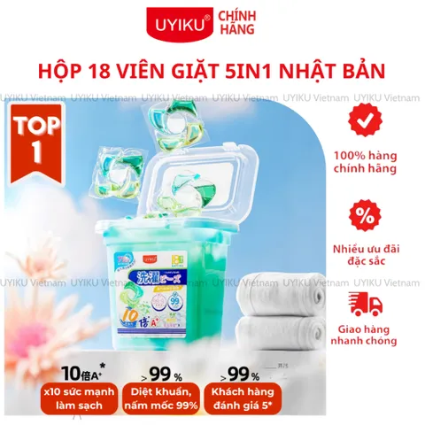 Viên giặt 5in1 Uyiku lưu hương 72 giờ, làm mềm, khử khuẩn, giữ màu hộp 18 viên