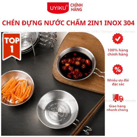 Chén đựng nước chấm Uyiku inox 304 2in1 kiểu Hàn Quốc, bát đựng sốt, gia vị có giá đỡ đũa