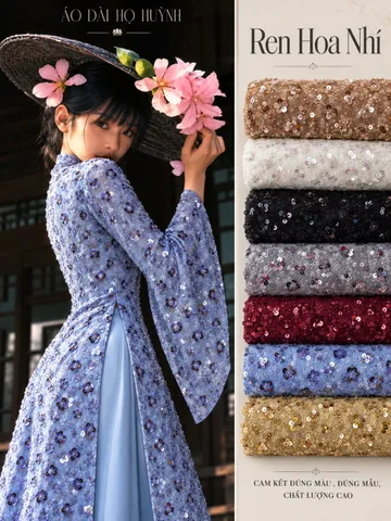 Áo dài họ Huỳnh [Ren kết cườm + lót tô châu] - Chất vải co giãn - Khổ vải 1.5m