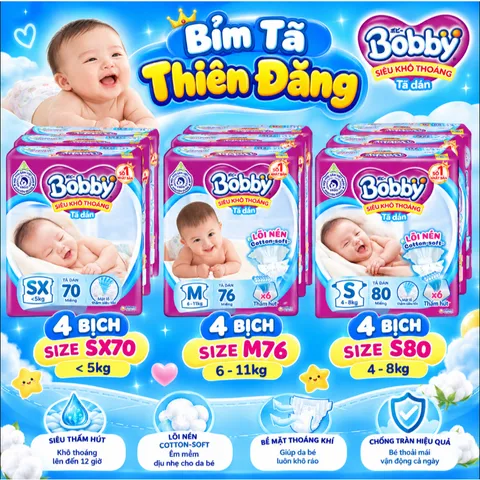 Giá sốc [ COMBO 4 BỊCH ] Tã Dán Bobby Chính Hãng SX70 S80 M76 – Mềm Mại, Thấm Hút Tốt, Khô Thoáng Cho Bé