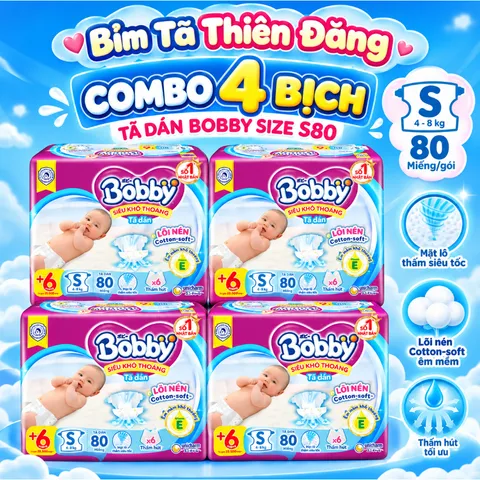 Giá sốc [ COMBO 4 BỊCH ] Tã Dán Bobby Chính Hãng SX70 S80 M76 – Mềm Mại, Thấm Hút Tốt, Khô Thoáng Cho Bé