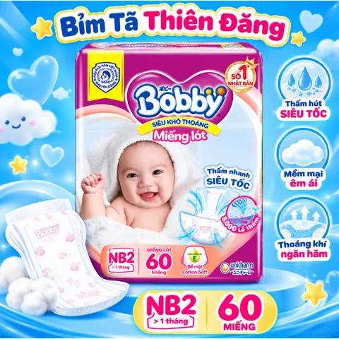 Miếng Lót Bobby Newborn 2 NB2 40 Miếng/60 Miếng Cho Bé Sơ Sinh, Mềm Mại Thấm Hút Tốt