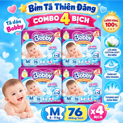 Giá sốc [ COMBO 4 BỊCH ] Tã Dán Bobby Chính Hãng SX70 S80 M76 – Mềm Mại, Thấm Hút Tốt, Khô Thoáng Cho Bé
