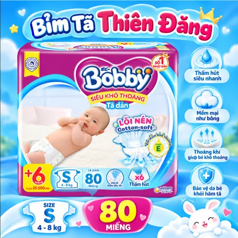 Tã Dán Bobby Chính Hãng SX70 S80 M76 – Mềm Mại, Thấm Hút Tốt, Khô Thoáng Cho Bé