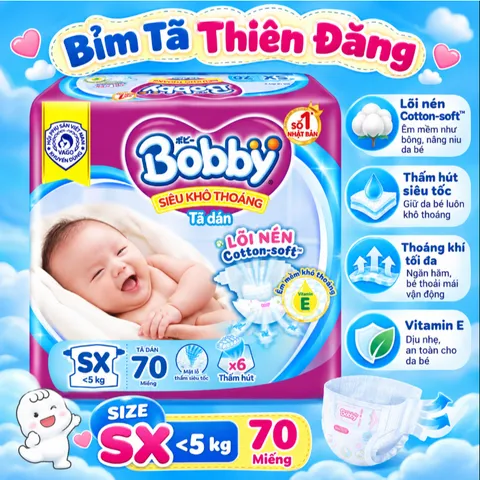 Tã Dán Bobby Chính Hãng SX70 S80 M76 – Mềm Mại, Thấm Hút Tốt, Khô Thoáng Cho Bé