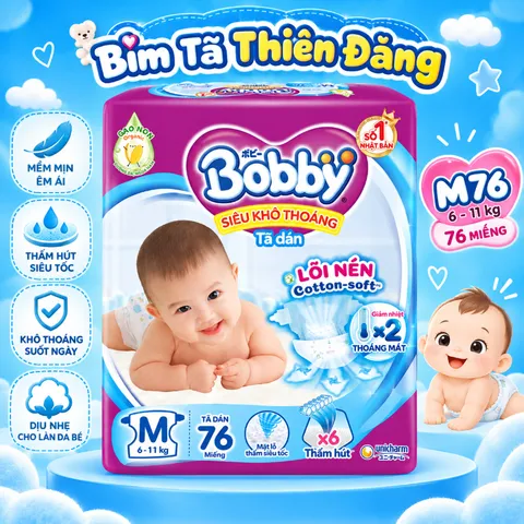 Tã Dán Bobby Chính Hãng SX70 S80 M76 – Mềm Mại, Thấm Hút Tốt, Khô Thoáng Cho Bé