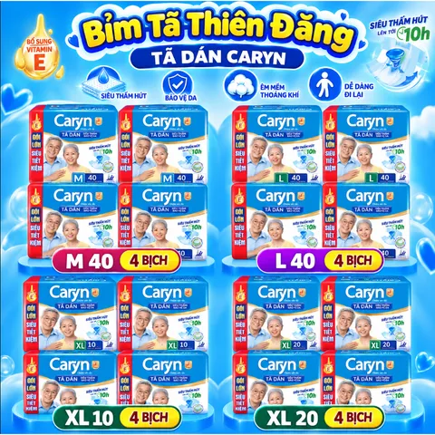 [ COMBO 4 BỊCH ] Tã Dán Caryn Xanh Cho Người Lớn Size M40 L40 XL10 XL20 – Tã Bỉm Người Già Thấm Hút Tốt, Chống Tràn