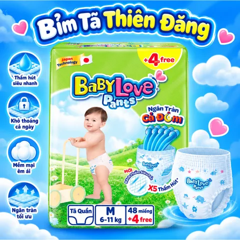 Tã Quần Baby Love Chính Hãng M48 L48 XL48 2XL48 3XL33 4XL33 5XL33 – Bỉm Quần Cho Bé Mềm Mỏng, Thấm Hút Tốt