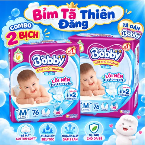 Giá sốc [ COMBO 2 BỊCH ] Tã Dán Bobby Chính Hãng SX70 S80 M76 – Mềm Mại, Thấm Hút Tốt, Khô Thoáng Cho Bé